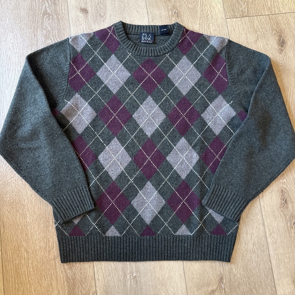 Jos. A. Bank Men's Large Argyle Diamond Lambs Wool Crew Neck Sweater Size M EUC